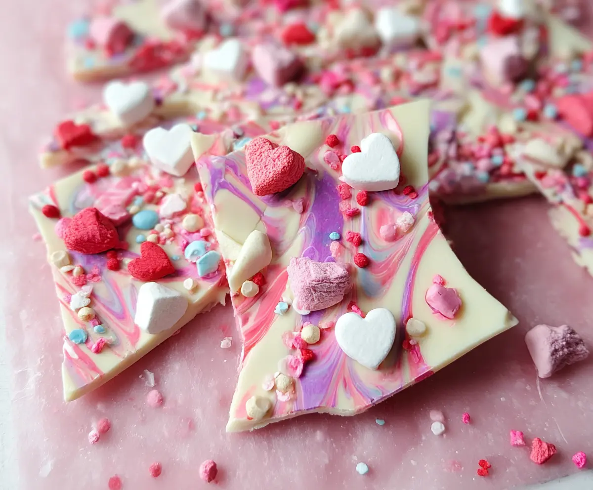 Colorful Valentine's Day Unicorn Bark with pastel pink, purple, and white chocolate, decorated with edible glitter and unicorn-shaped sprinkles.