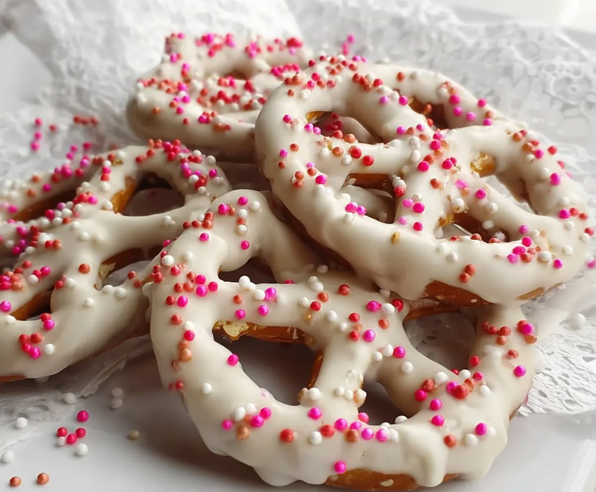 Delicious white chocolate pretzels with a glossy finish and salty crunch