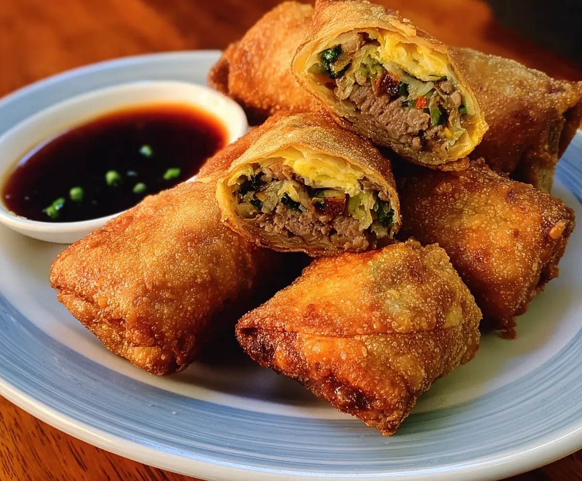 Crispy authentic Chinese egg rolls served with dipping sauce on a plate.