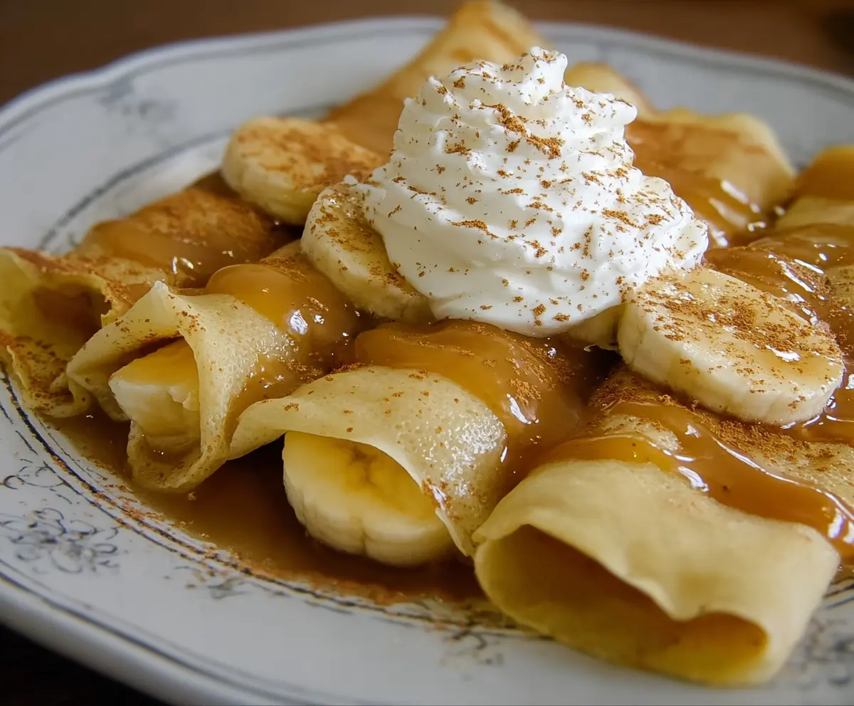 Delicious banana crepes topped with fresh sliced bananas and powdered sugar, served on a white plate.
