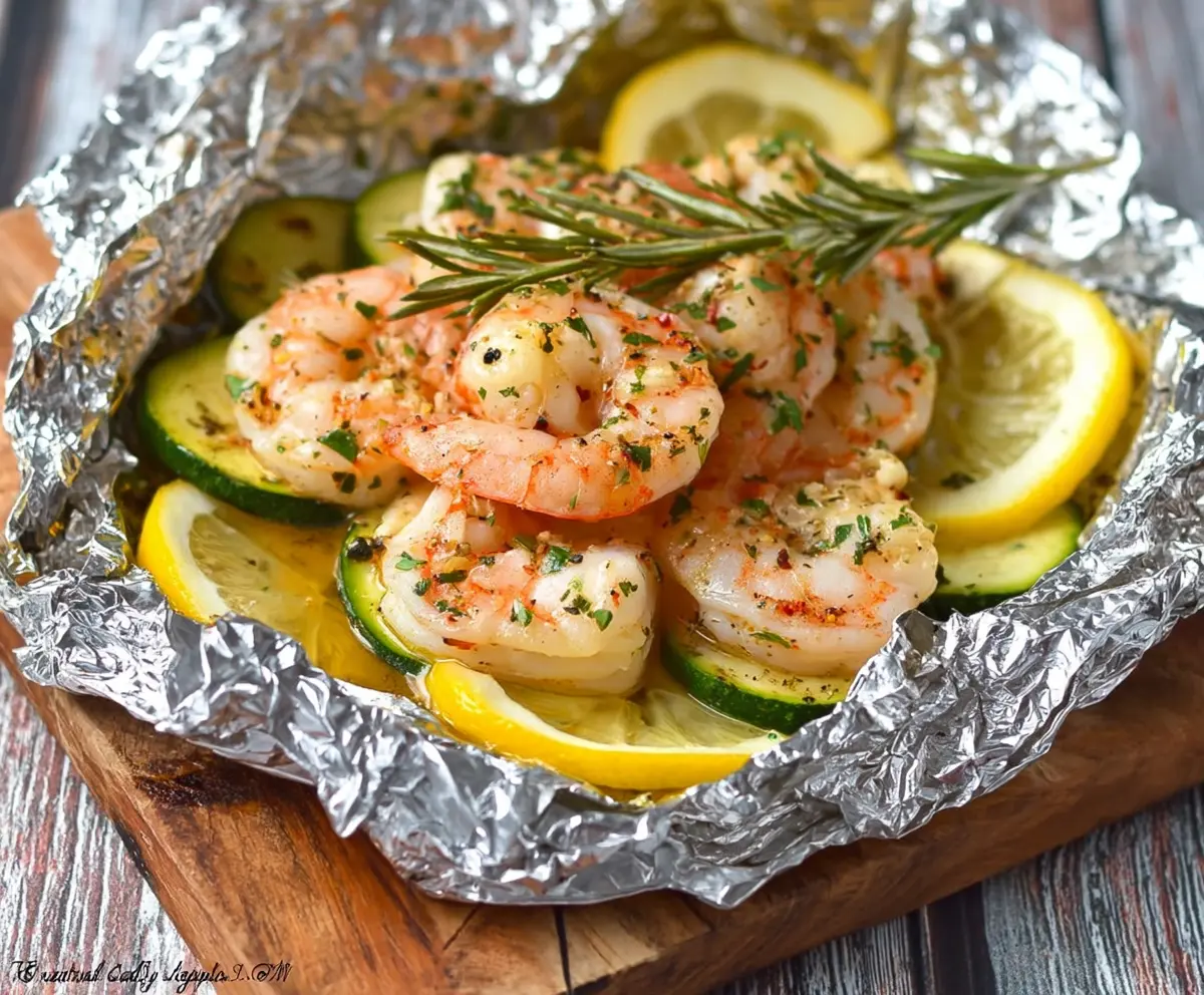 Delicious Low Carb Shrimp Scampi served in a foil packet with fresh herbs and lemon slices.