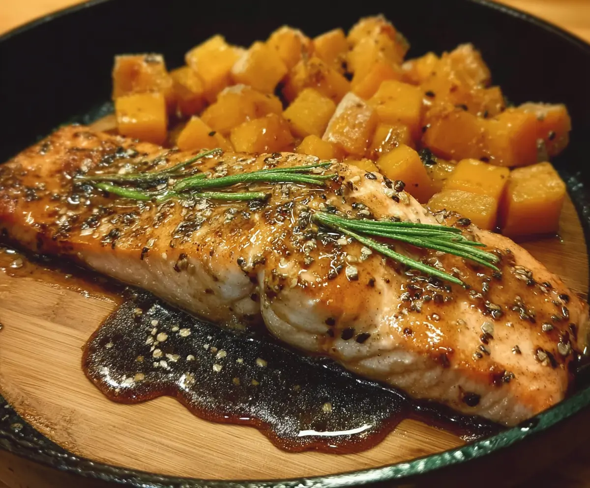 Delicious Maple Glazed Salmon served with fresh herbs on a white plate.