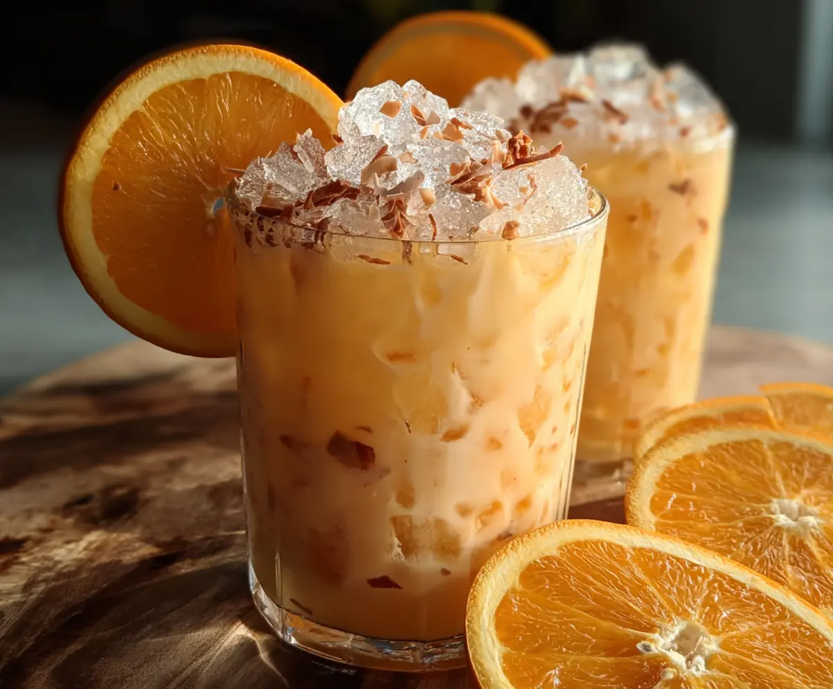 Vibrant glass of Refreshing Coconut Orange Glow featuring fresh orange slices and coconut flakes for a tropical beverage.