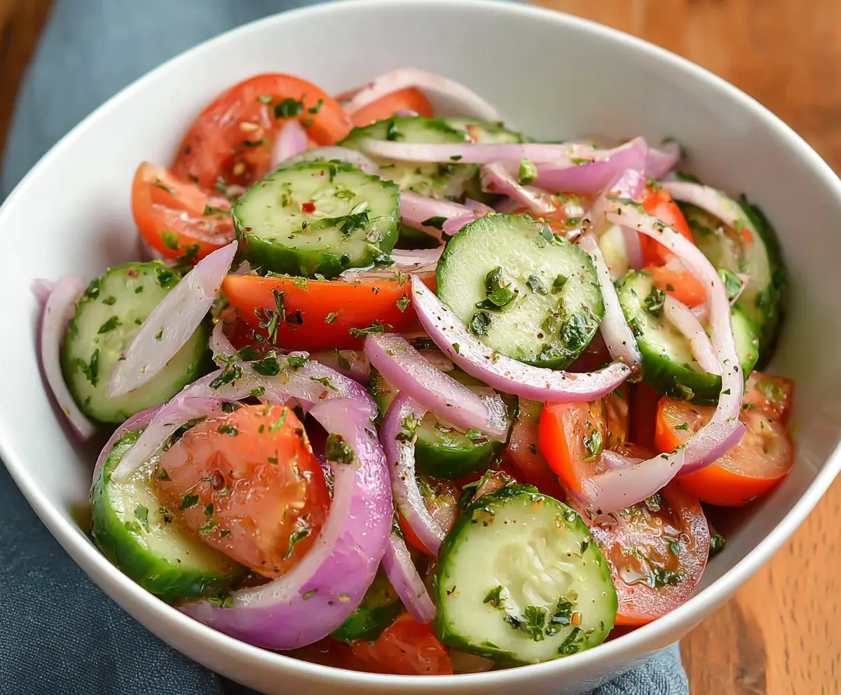 Bright and colorful cucumber tomato red onion salad perfect for summer refreshment.
