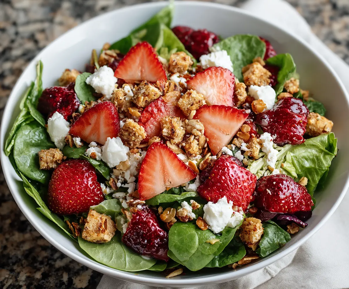 Fresh strawberry crunch salad with colorful toppings in a clear glass bowl.