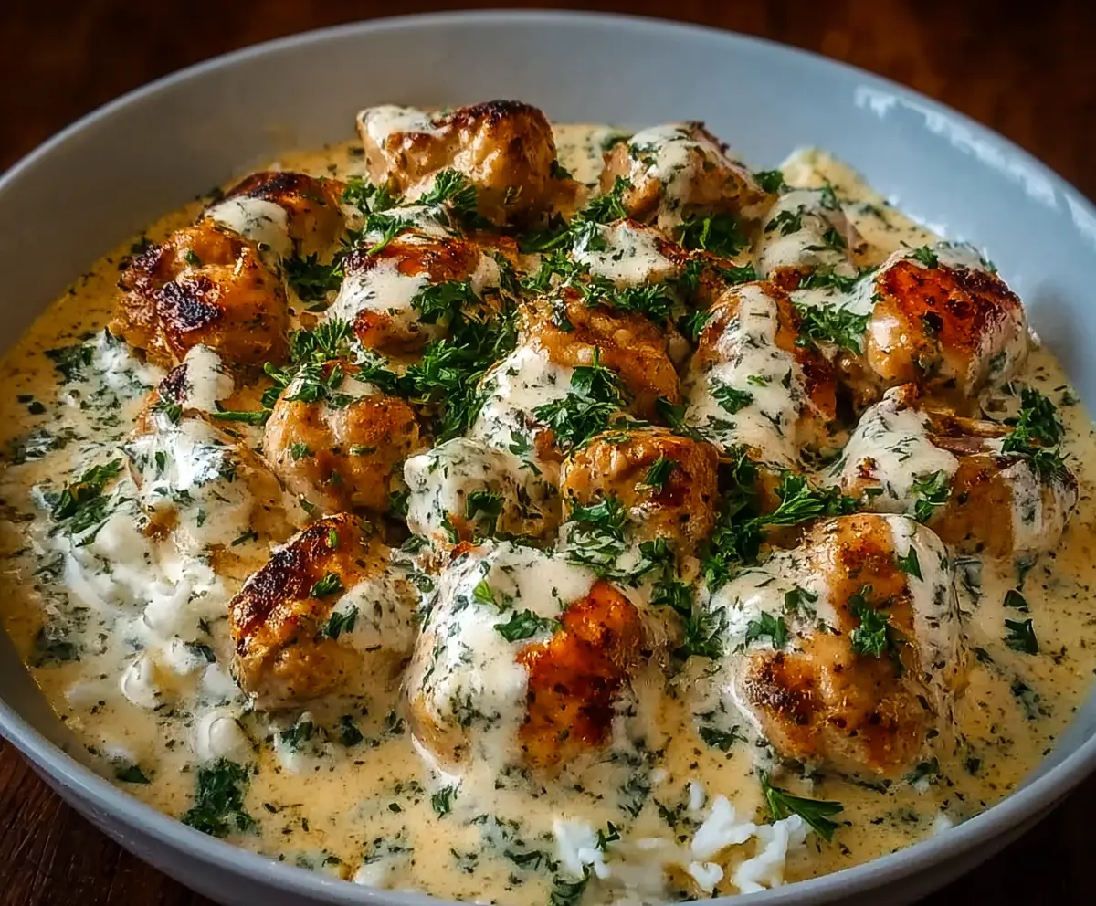Delicious Turkish chicken dish with creamy white sauce served with fresh herbs