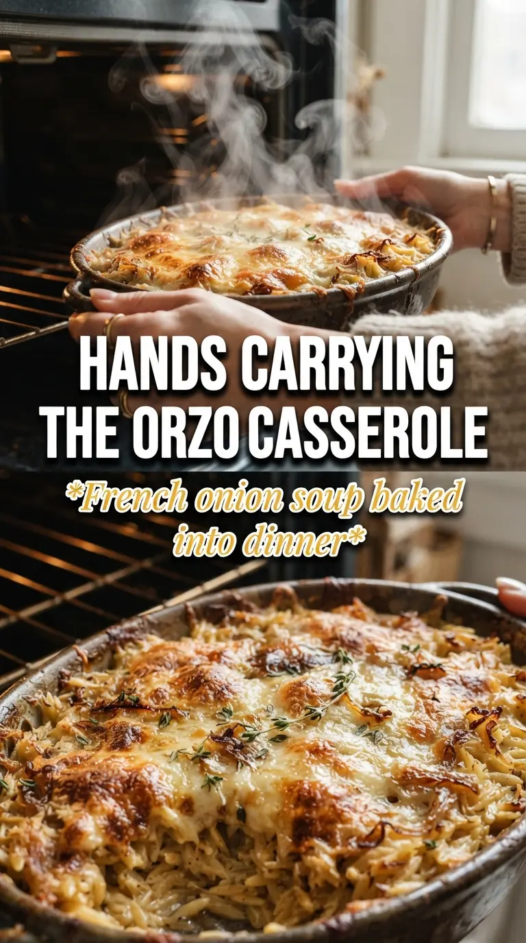 French Onion Chicken Orzo Casserole golden creamy baked